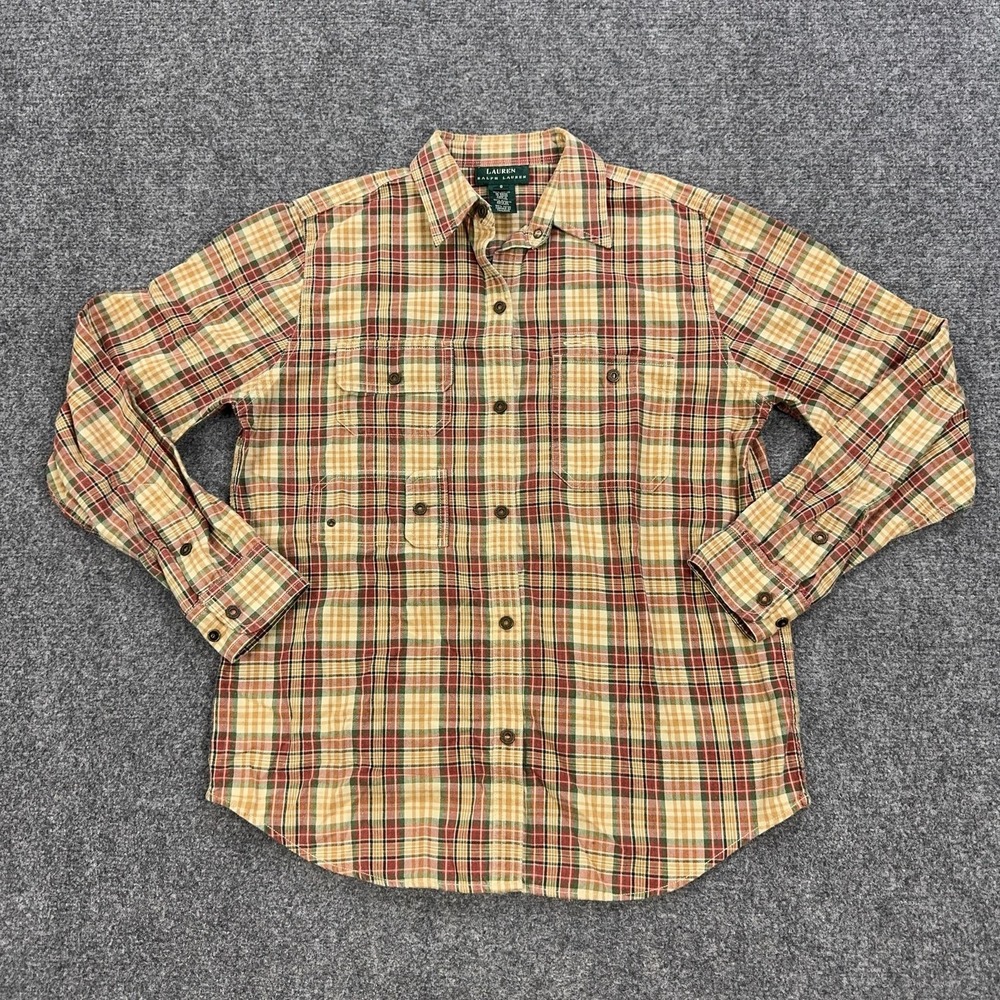 Lauren Ralph Lauren Shirt Womens S Beige Plaid Button Up Long Sleeve Cotton